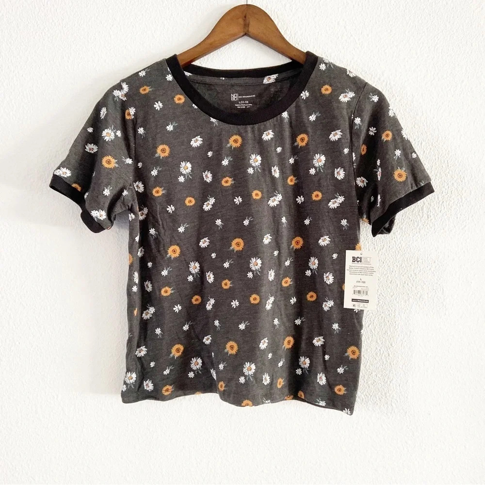 Floral Ringer Tee Charcoal Short Sleeve Girls Juniors Crop Large (11-13) NEW - Picture 3 of 16
